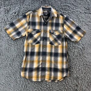 Carhartt Shirt Mens Small Relaxed Fit Plaid Pearl Snap Yellow Gray Short Sleeve